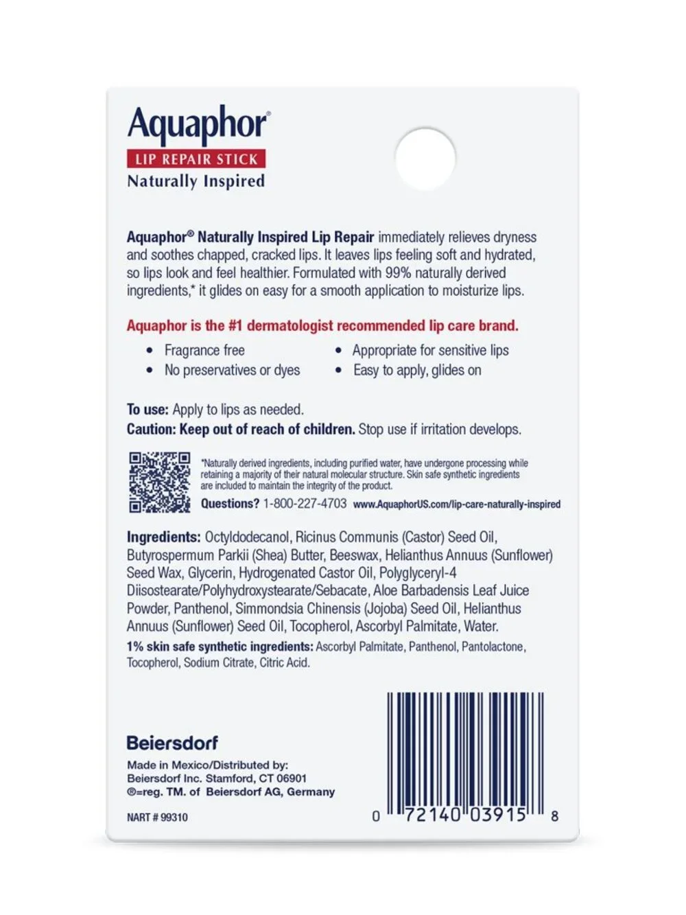 Aquaphor Lip Repair Balm Stick, Aloe Vera, 0.17 oz